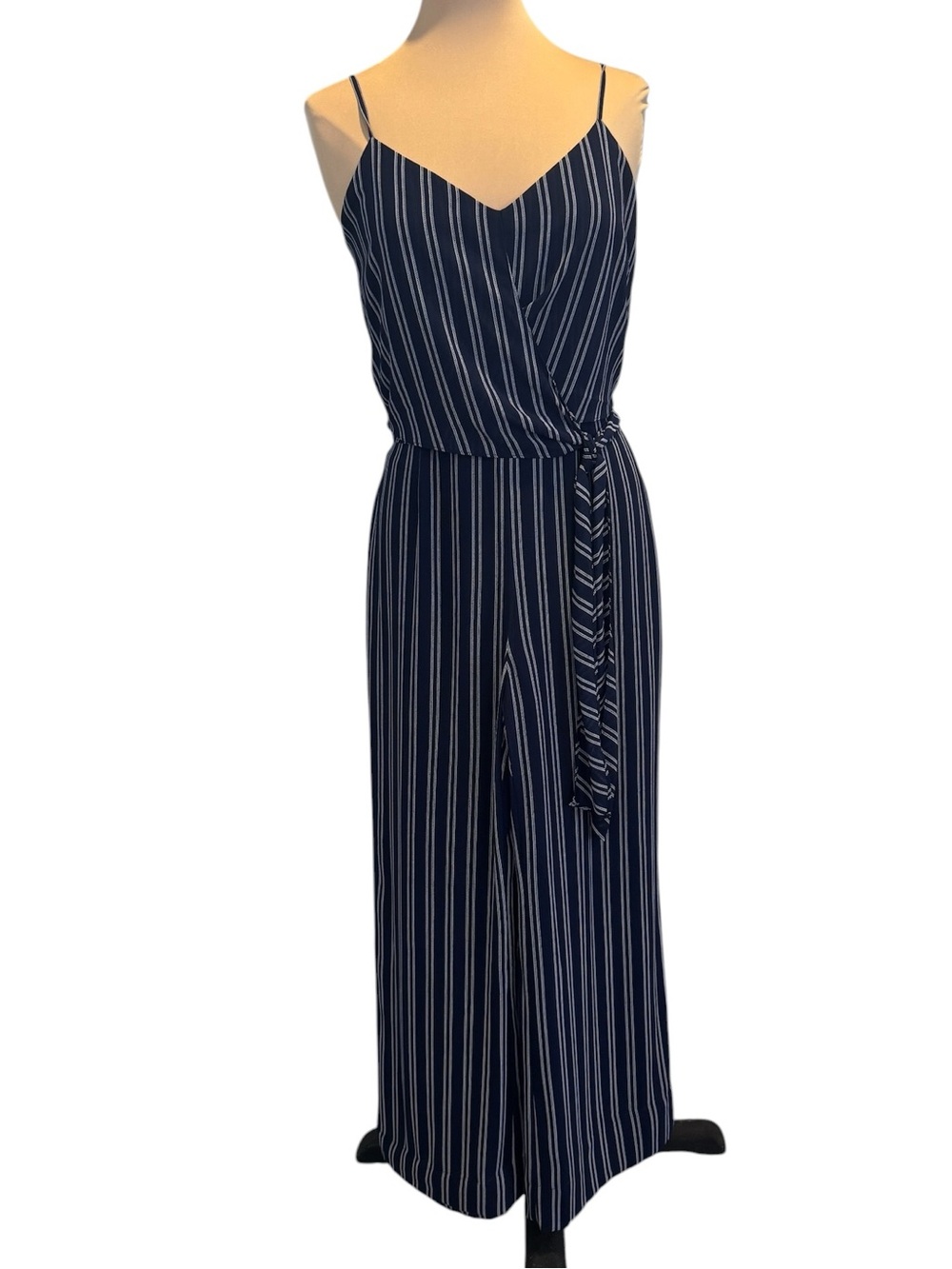 Michael Kors Navy White Striped faux wrap tie waist Jumpsuit